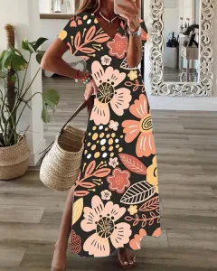 Casual Loose Digital Print V-Neck Short Sleeve Mid Length - D-2Xl - View 1