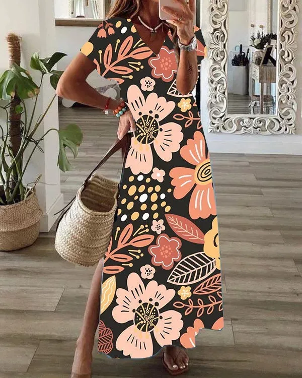 Casual Loose Digital Print V-Neck Short Sleeve Mid Length - D-2Xl