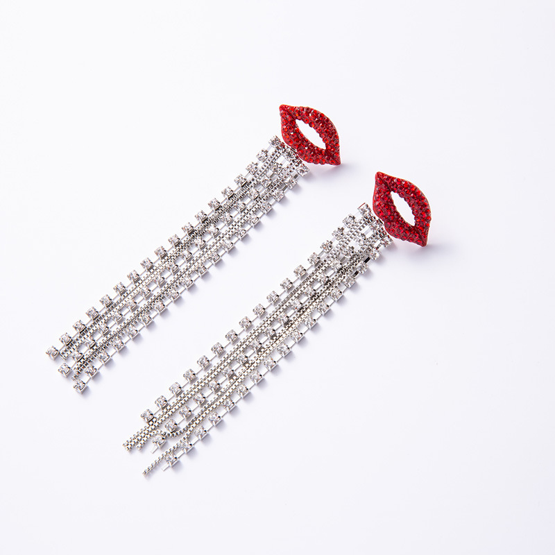 Full Diamond Lip Stud Earrings Long Tassel Crystal