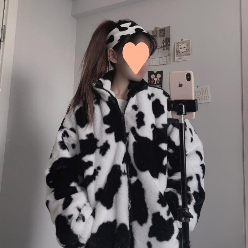 Cute Cow Pattern Cardigan Zipper Jacket Women