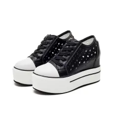 Increased 9cm Platform Shoes Thick-soled Hollow Lace-up Casual Shoes - Black - View 1