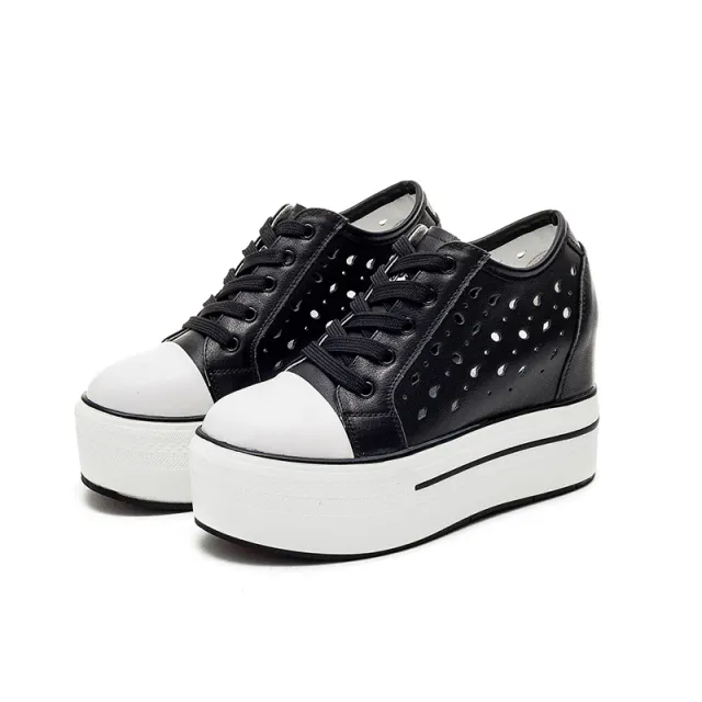 Increased 9cm Platform Shoes Thick soled Hollow Lace up Casual Shoes Black - Shop at LoveMi