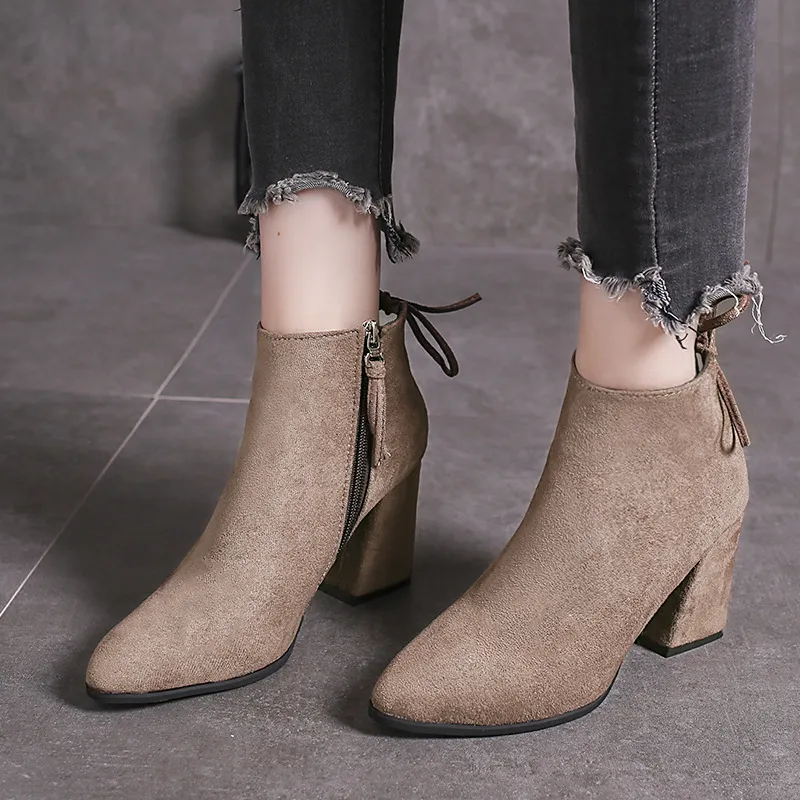 European And American Martin Boots Pointed High Heels Plus Size Women - Khaki