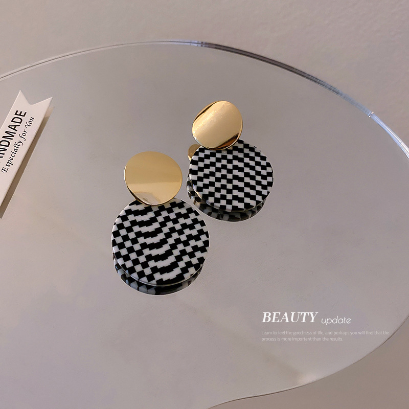 Black And White Checkered Circle Earrings Fashion Simple Niche