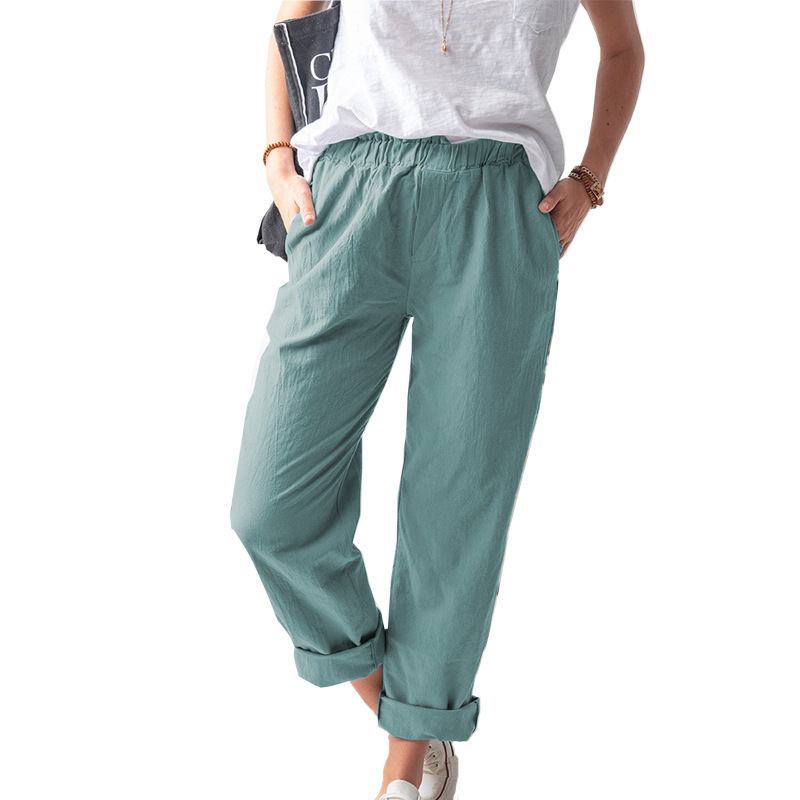 Title 3, Effen Kleur Casual Broek met Elastische Hoge Ta...