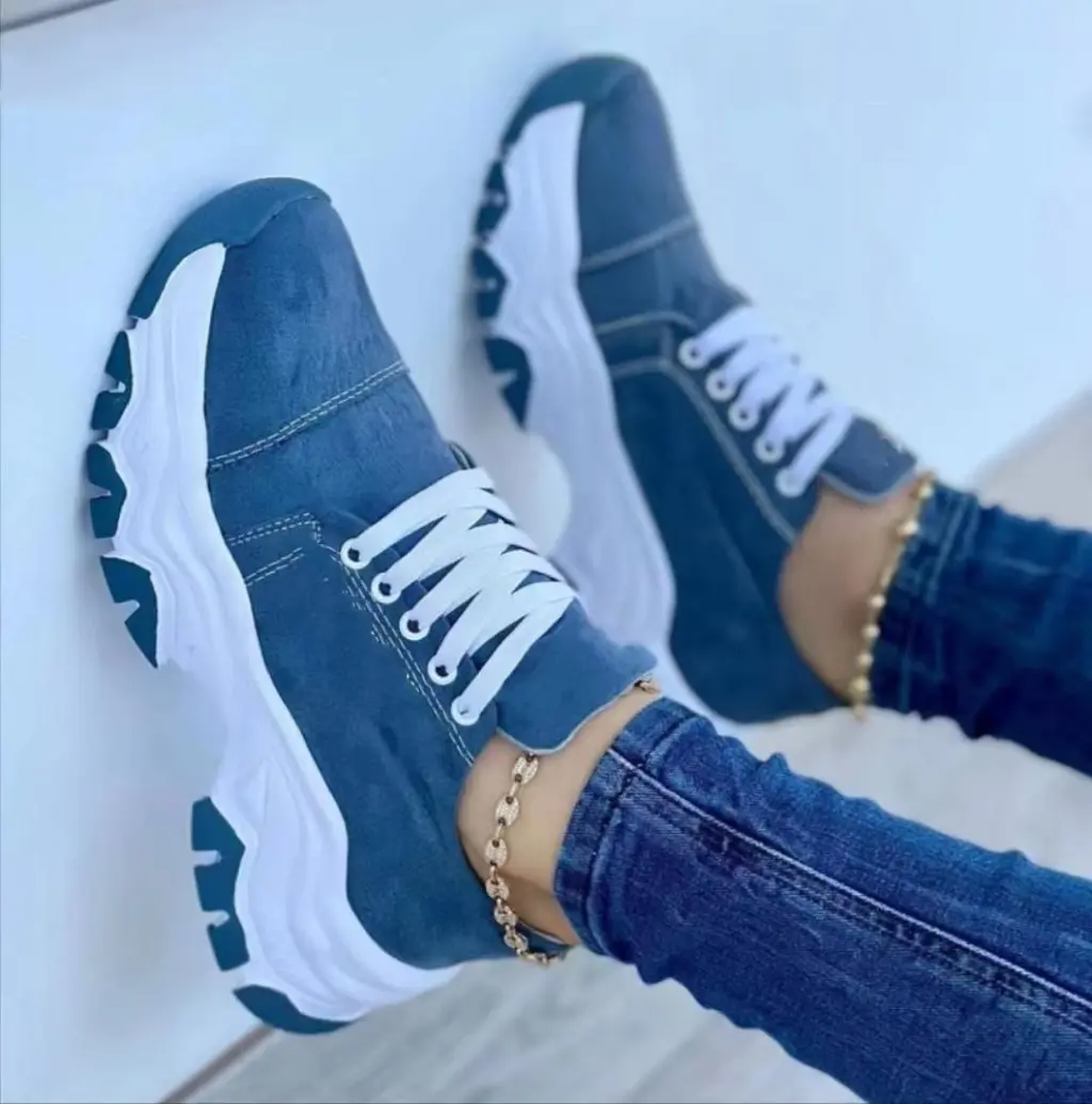 Platform Sport Flats Shoes Lace-up Sneaker Outdoor Walking Casual Shoes Women - Blue
