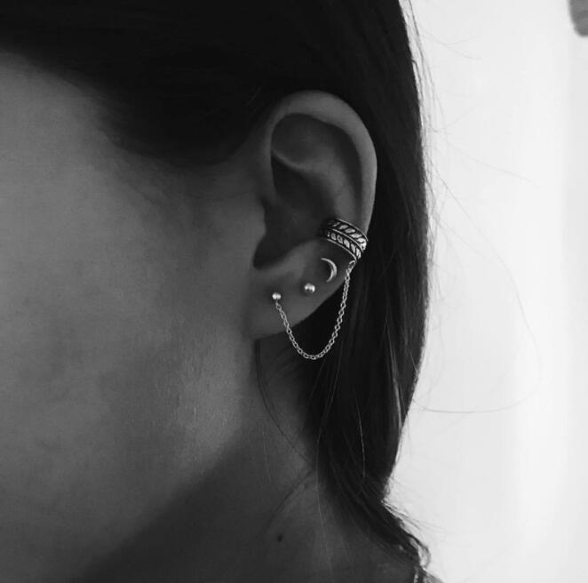 Fashion Simple Moon Round Alloy Chain Earrings Ear Clips Retro 3-Piece Female Set