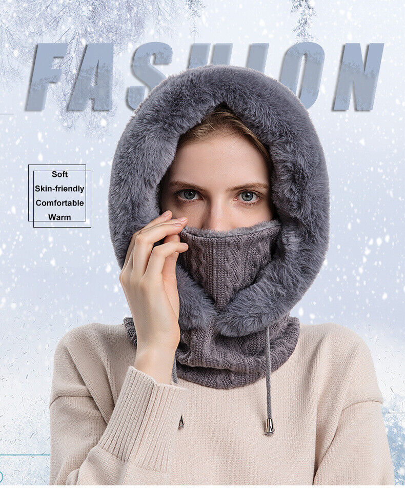 Slouchy fleece beanie hats scarf mask warmer hooded winter