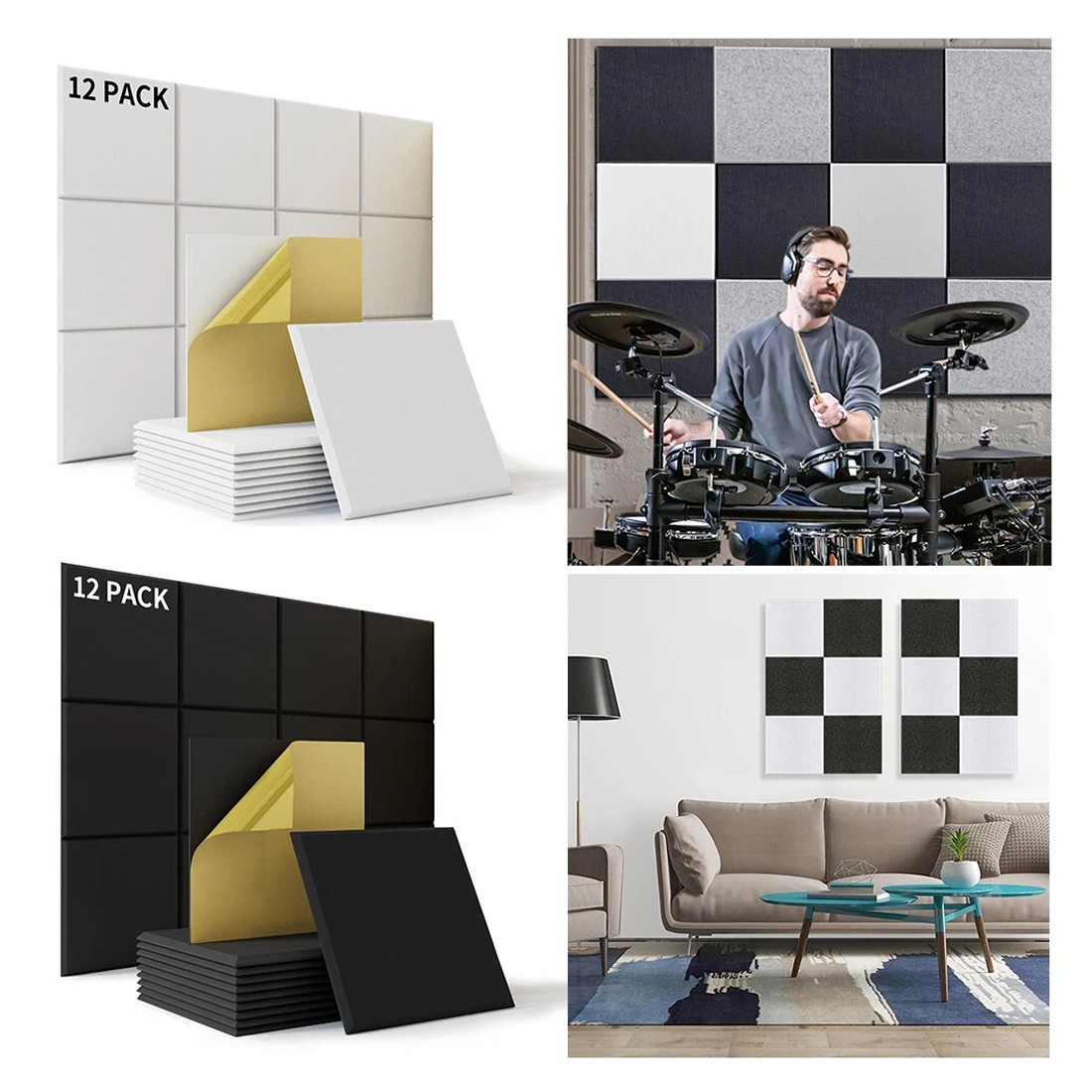 12x Acoustic Wall Panel Tiles Studio Sound Proofing Insulation Self Adhesive