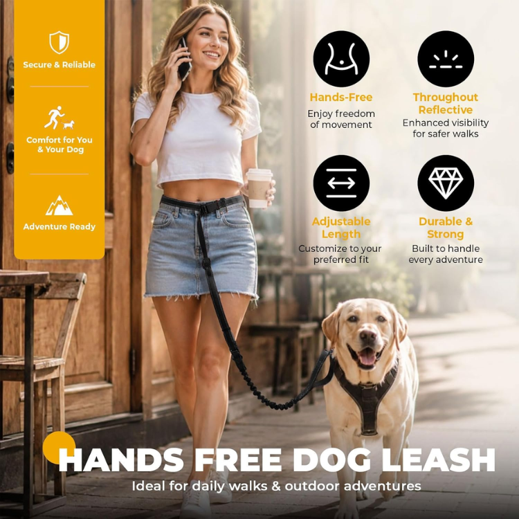 4 In 1 Hands Free Dog Leash With Car Seatbelt Buckle, Shock Absorbing Bungee Dog Waist Leash Belt For Running Walking Hiking, Dual Handles & Reflective, Adjustable For Small Medium Large Dogs