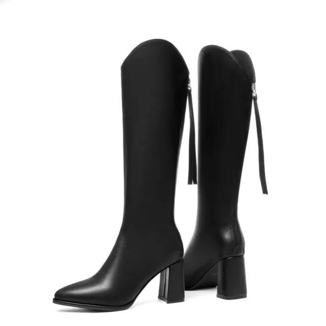 Women's Thick heeled High Heels But Knee high Elastic Boots Are Thin And Pointed Black - Shop at LoveMi