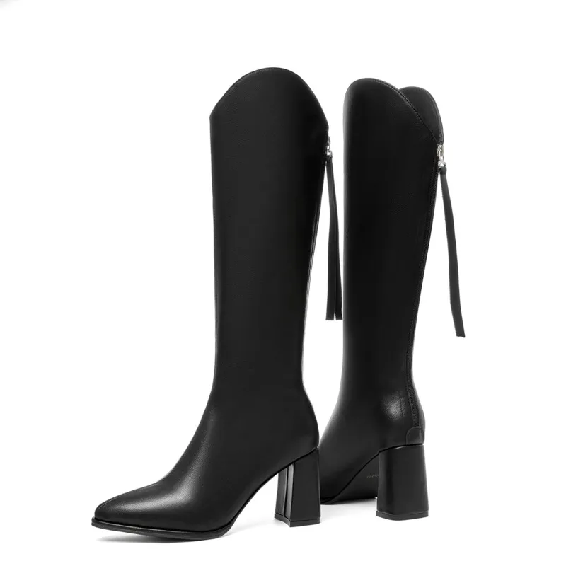 Women's Thick-heeled High Heels But Knee-high Elastic Boots Are Thin And Pointed - Black