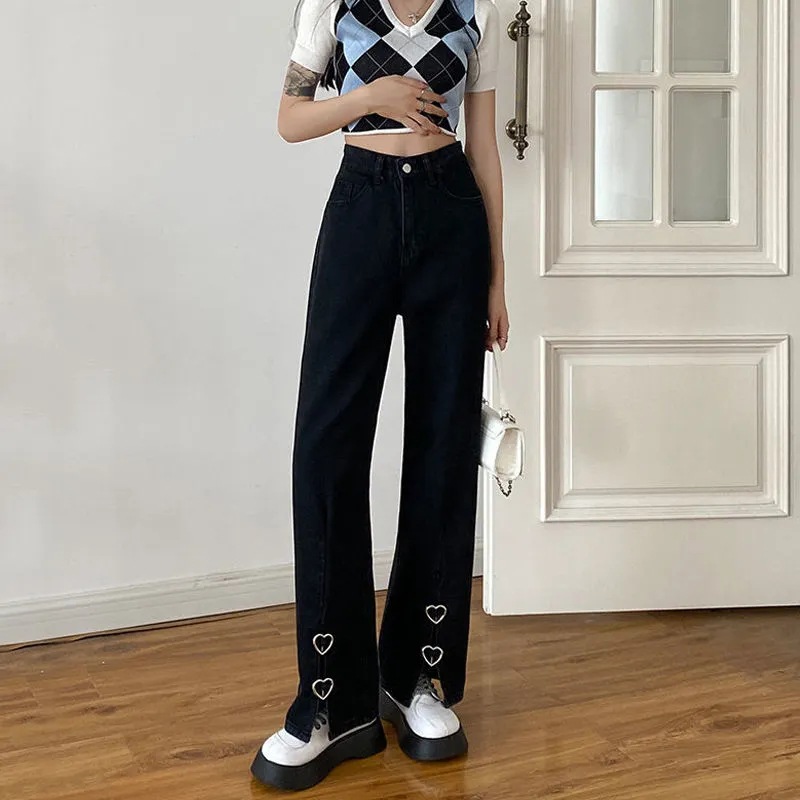 Women's High Waist Straight Heart Slit Jeans
