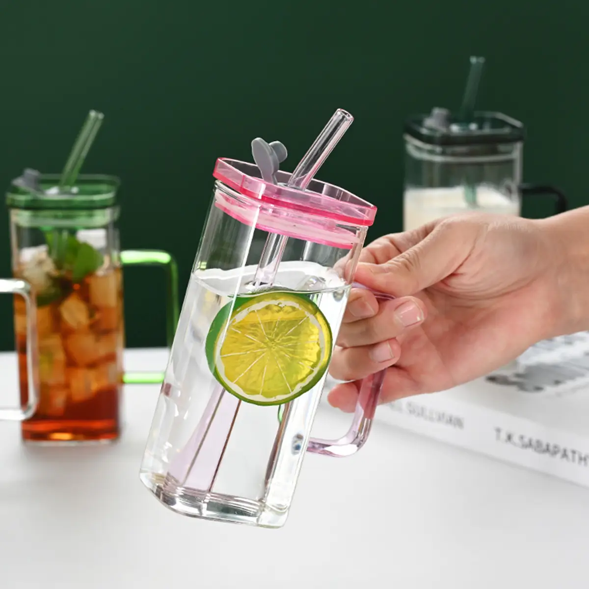 1 Pcs Pink Glass Straw Cup, 6 Colors Square Glass Cup With Straw And Lid, High Borosilicate Glass Cup, Milk Cup, Juice Cup, Cold Drink Cup, Coffee Cup, Tea Cup,
