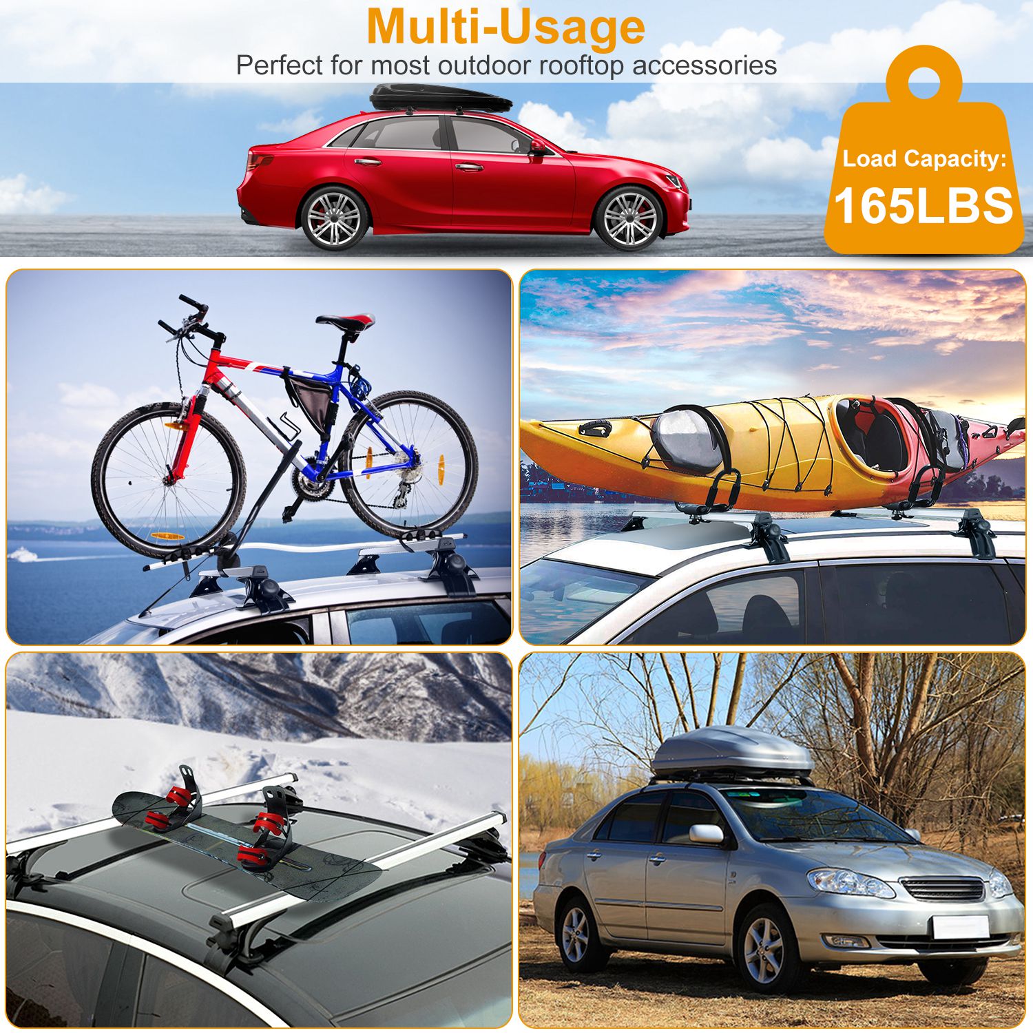 47.24in Universal Top Roof Rack Cross Bar Cargo Carrier Aluminum Crossbar Rack With 165LBS Capacity Fit For Most Vehicle Wagon Car Without Roof Side Rail — foto 7