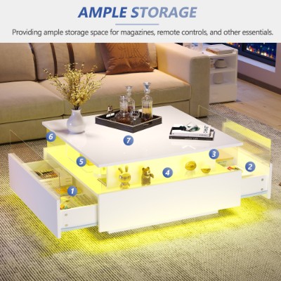 Coffee Table With Storage For Living Room, Modern LED Coffee Table, Square Tea T