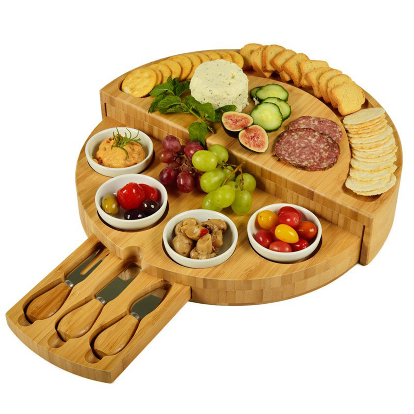 Wooden cheese cutting board set rotating opening
