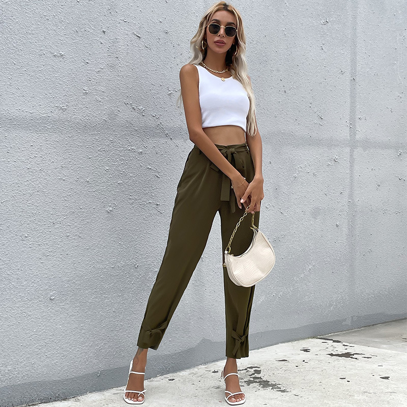 Temperament Casual Solid Color With Lace European And American Nine-Point Pants Women