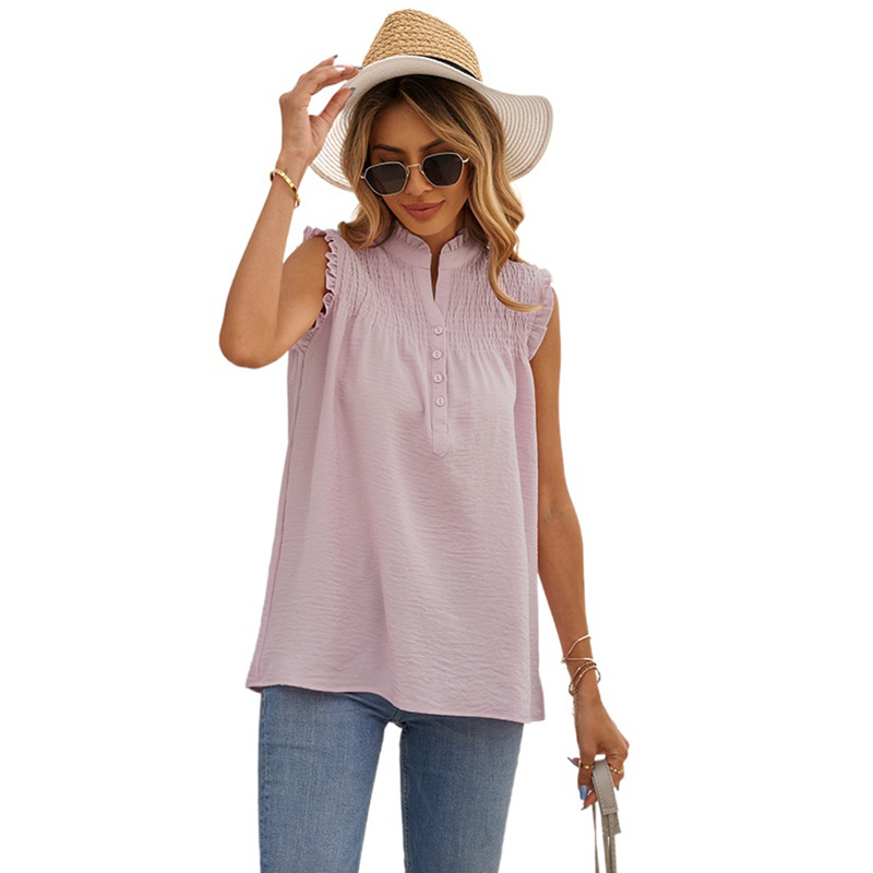 Title 2, Summer New High-neck Button Frill Loose Casual Top