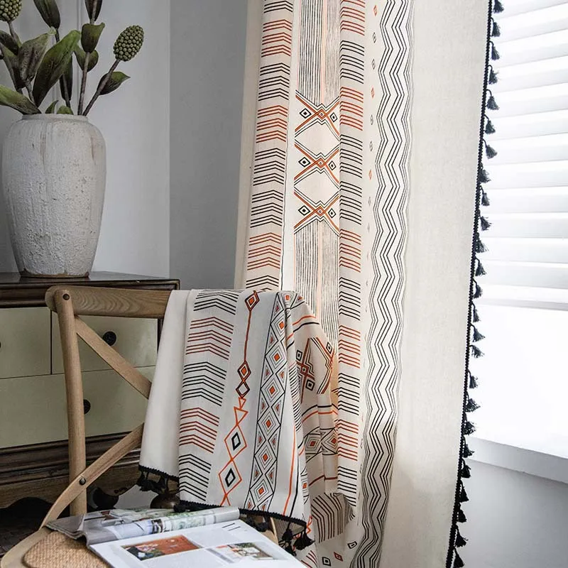 Boho Cream Cotton And Linen Print Sun Shade Non-punched Curtain Fabric - Perforated Fringed Curtains