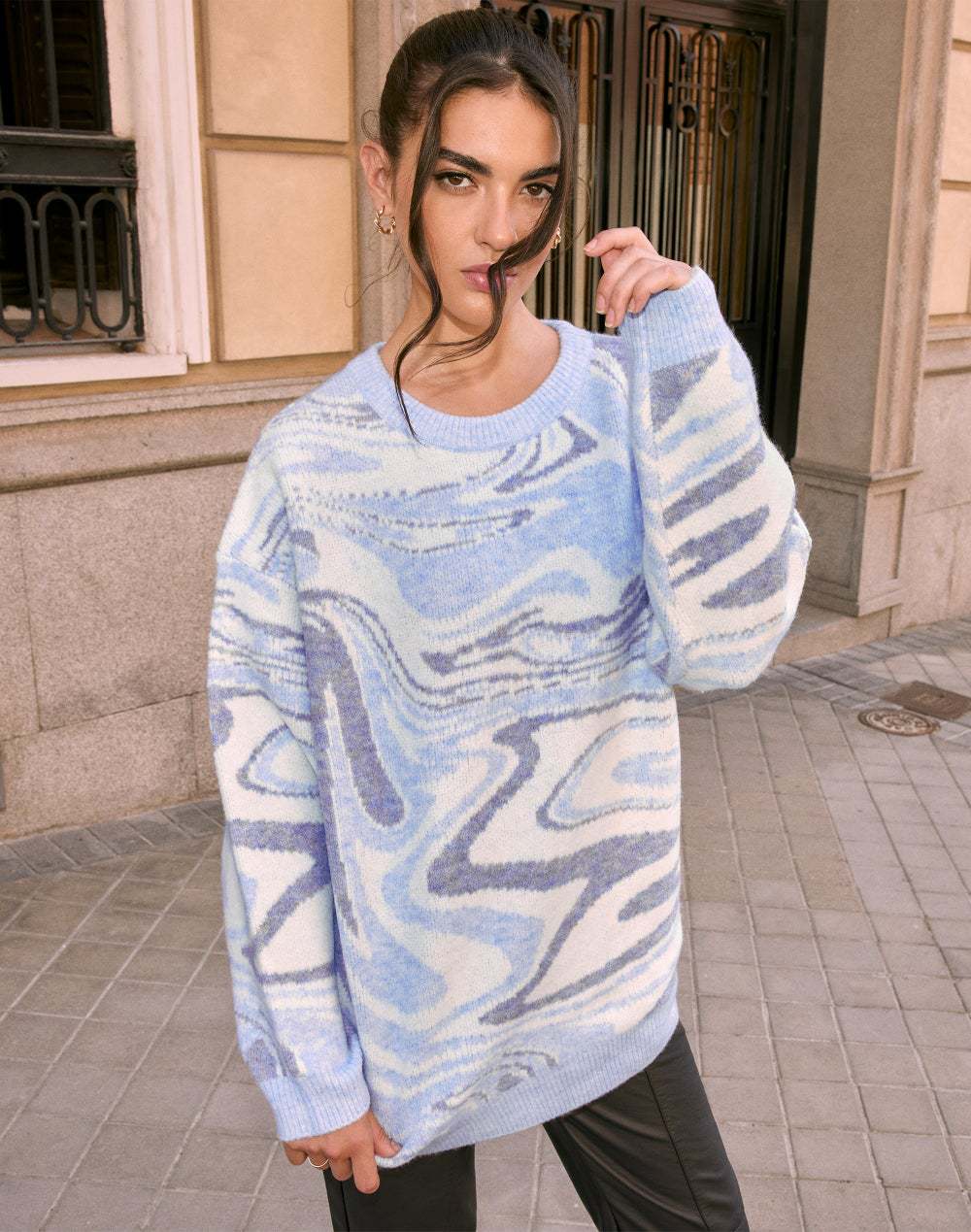 Round Neck Long-sleeved Abstract Striped Three-color Contrast Loose Knit Sweater Top