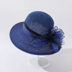 Women's Organza Large Brim Stitching Sunshade Hat - Navy - View 1