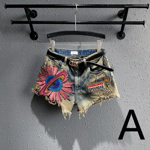 Embroidered Planet Shorts High waisted Straight Denim Wide leg Holes - Shop at LoveMi