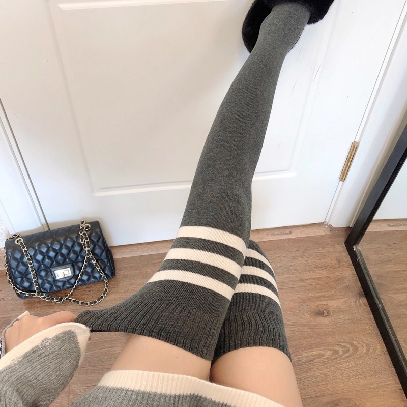 Slimming Thin Thigh-High Socks for Spring & Autumn, Grey JK Striped