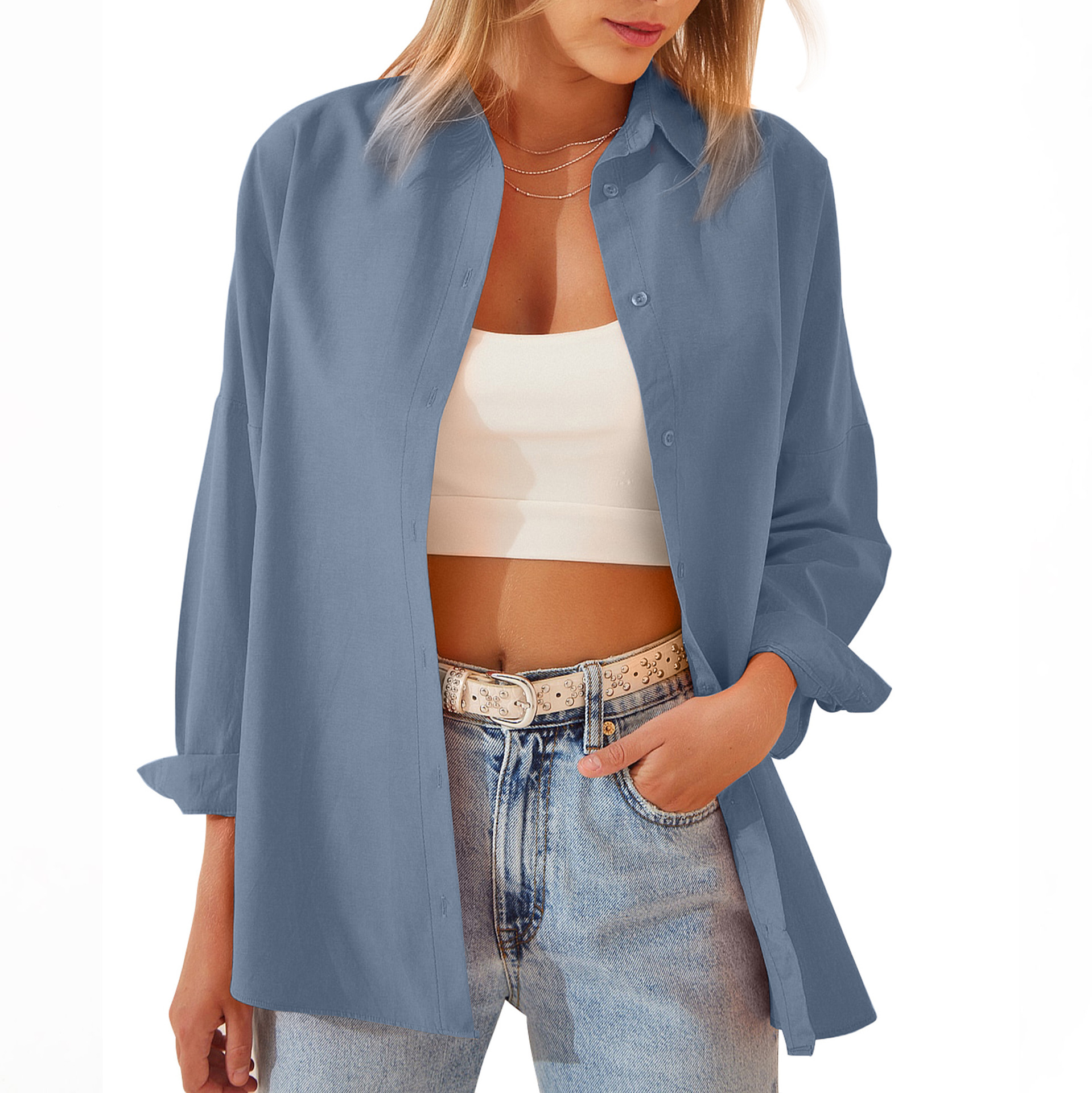 Women's Shirt Jacket Long Sleeve Blouse Button Down Tops Candy Color Shirt Grey - Shop at LoveMi
