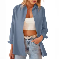 Women's Shirt Jacket Long Sleeve Blouse Button Down Tops Candy Colour Shirt - Grey - View 1