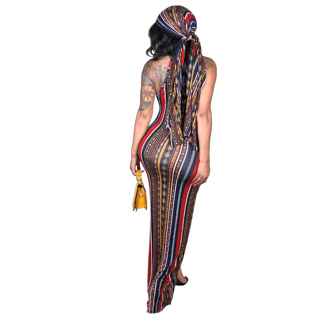 Fashion Sexy Stripes Bohemian Printed Dress Including Headscarf