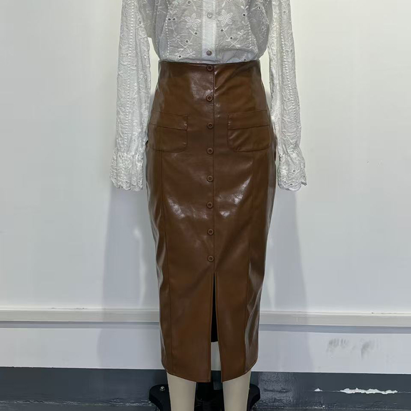 Women's Faux Leather Bodycon Skirt - High Waisted Slim Fit Midi Skirt With Front Slit & Button Decor