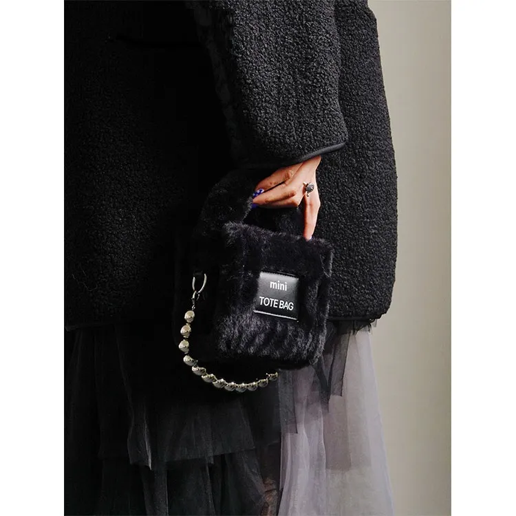 Female Plush Teddy Autumn And Winter Chain Mini Cute Bag - Black