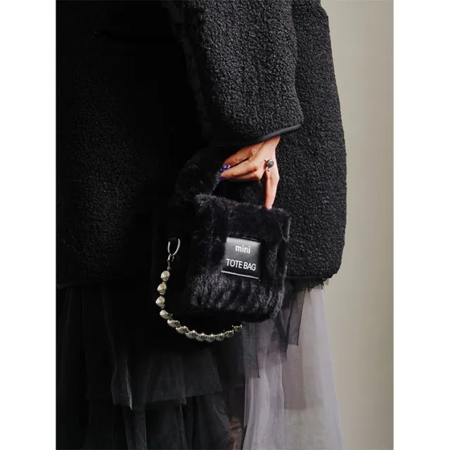 Female Plush Teddy Autumn And Winter Chain Mini Cute Bag Black - Shop at LoveMi