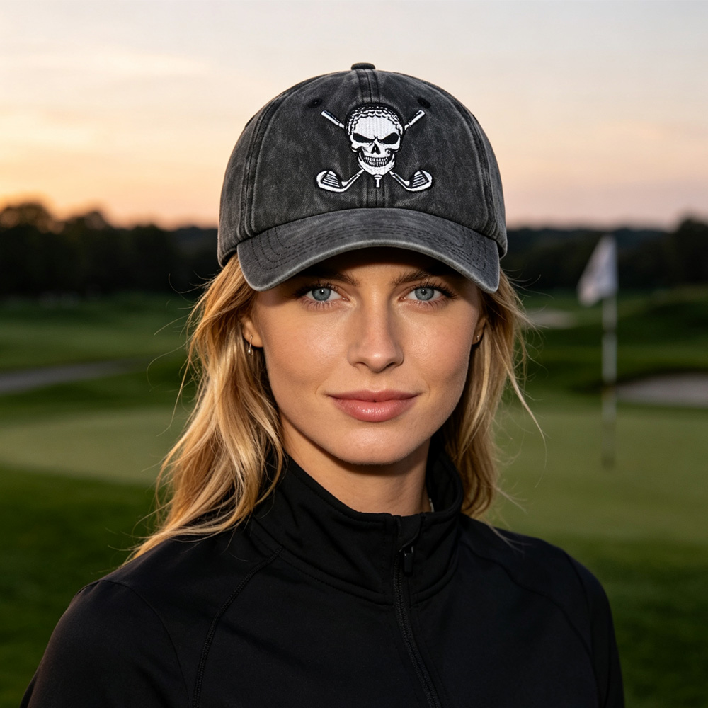 2pcs Washed Distressed Golf Skull Baseball Cap, Crossed Golf Clubs Embroidery Vintage Hat For Men Women