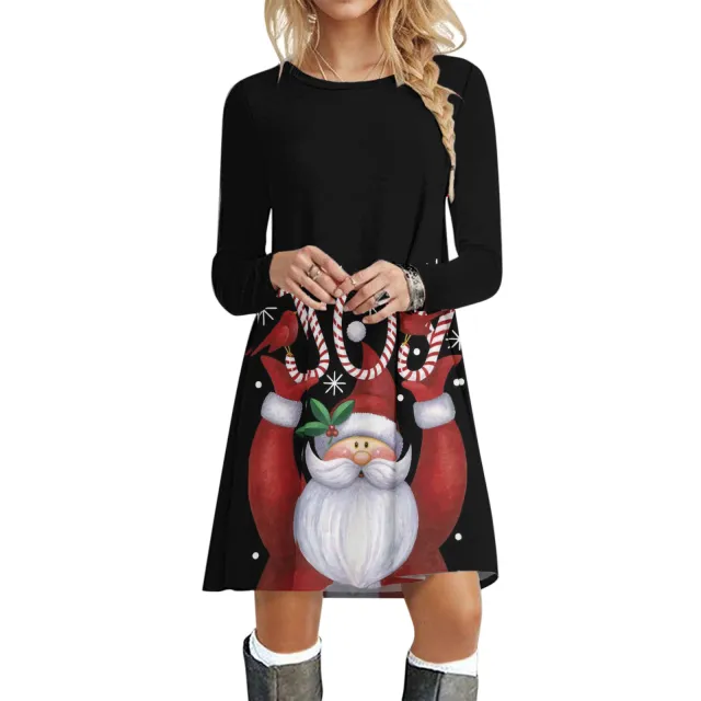 Casual Printed Christmas Crewneck Long Sleeve Dress Black - Shop at LoveMi