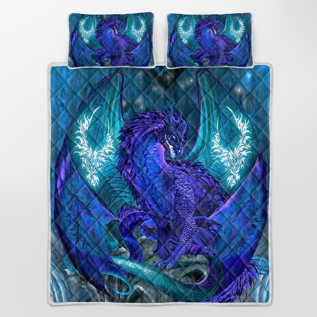 Blue Dragon Quilt Bedding Set Cool Dragon Bedspread Coverlet & 2 Pillow Cover