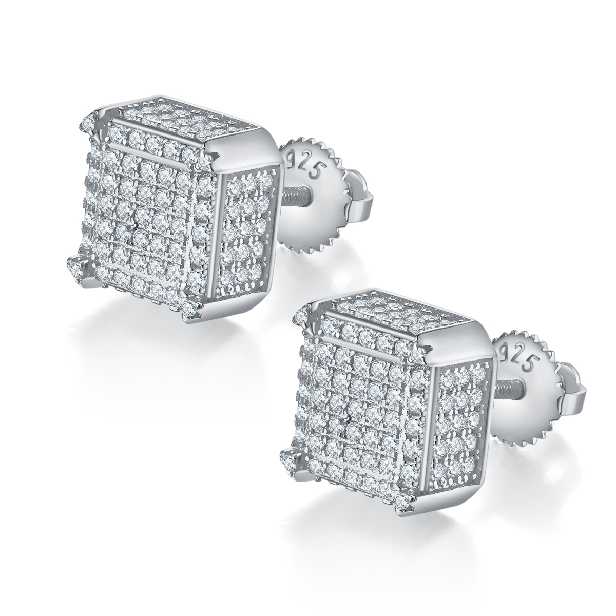 S925 Sterling Silver 218pcs D Color VVS1 Moissanite 3D Cube Earrings 2g Screw Back Hypoallergenic GRA Certified Gift Box
