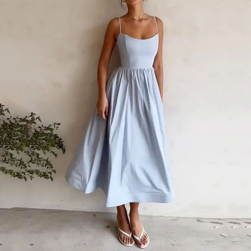 New Summer Women  Fashion Cross-Border European And American Dress Sexy Waist-Tied Pleated Solid Color Flared Spaghetti Strap Dress