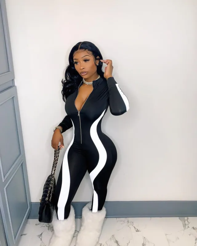 Women's Printed Colorblock Irregular Stripes Casual Jumpsuit Black - Shop at LoveMi