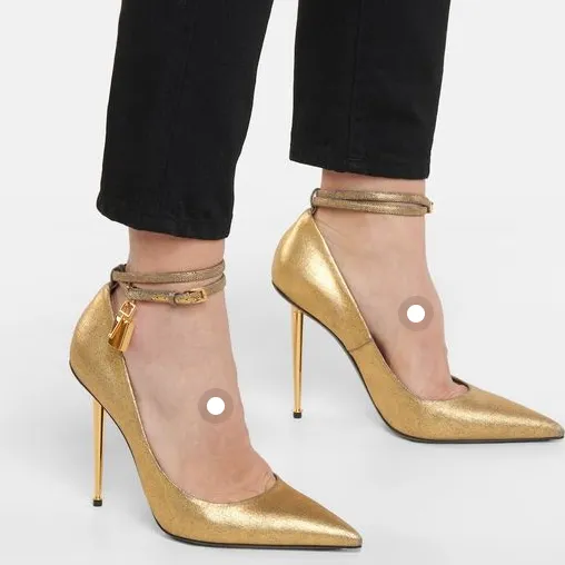 Pointed Padlock Gold Heel Fashion Catwalk High Heels Gold - Shop at LoveMi