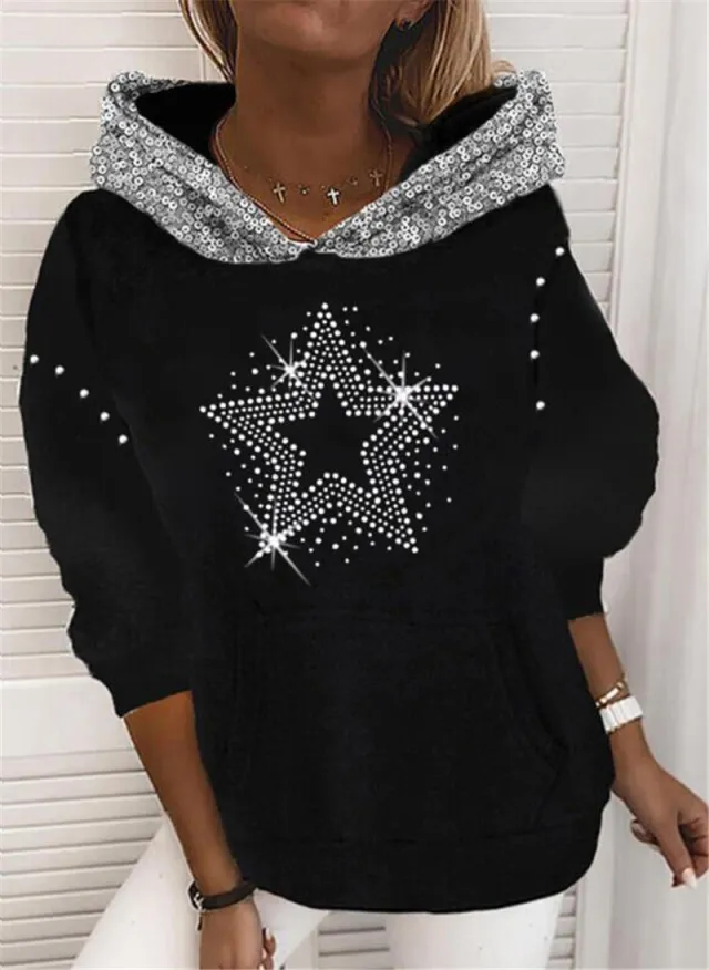 Rhinestone Loose Long Sleeve Sequined Hoodie Black - Shop at LoveMi