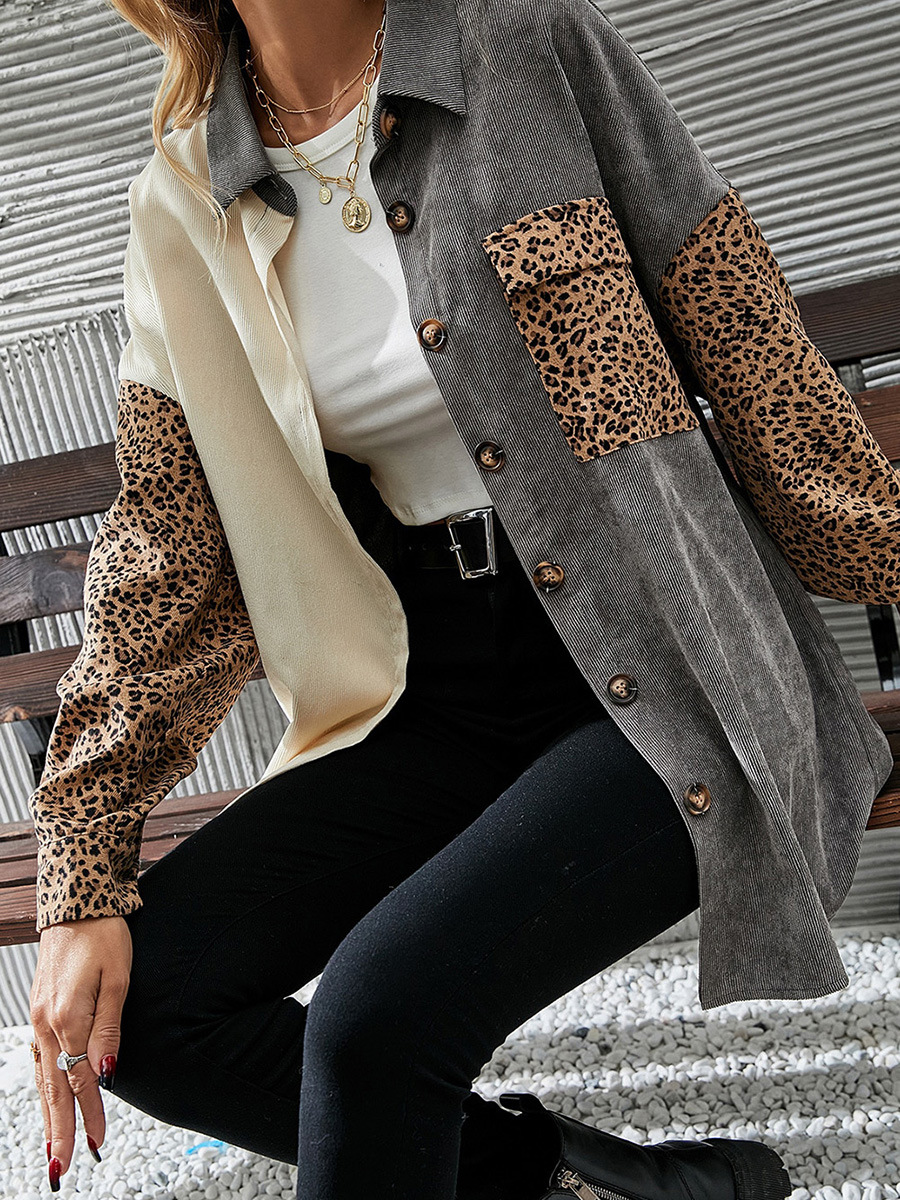 Title 3, Gray Color Block Leopard Patch Corduroy Pullover