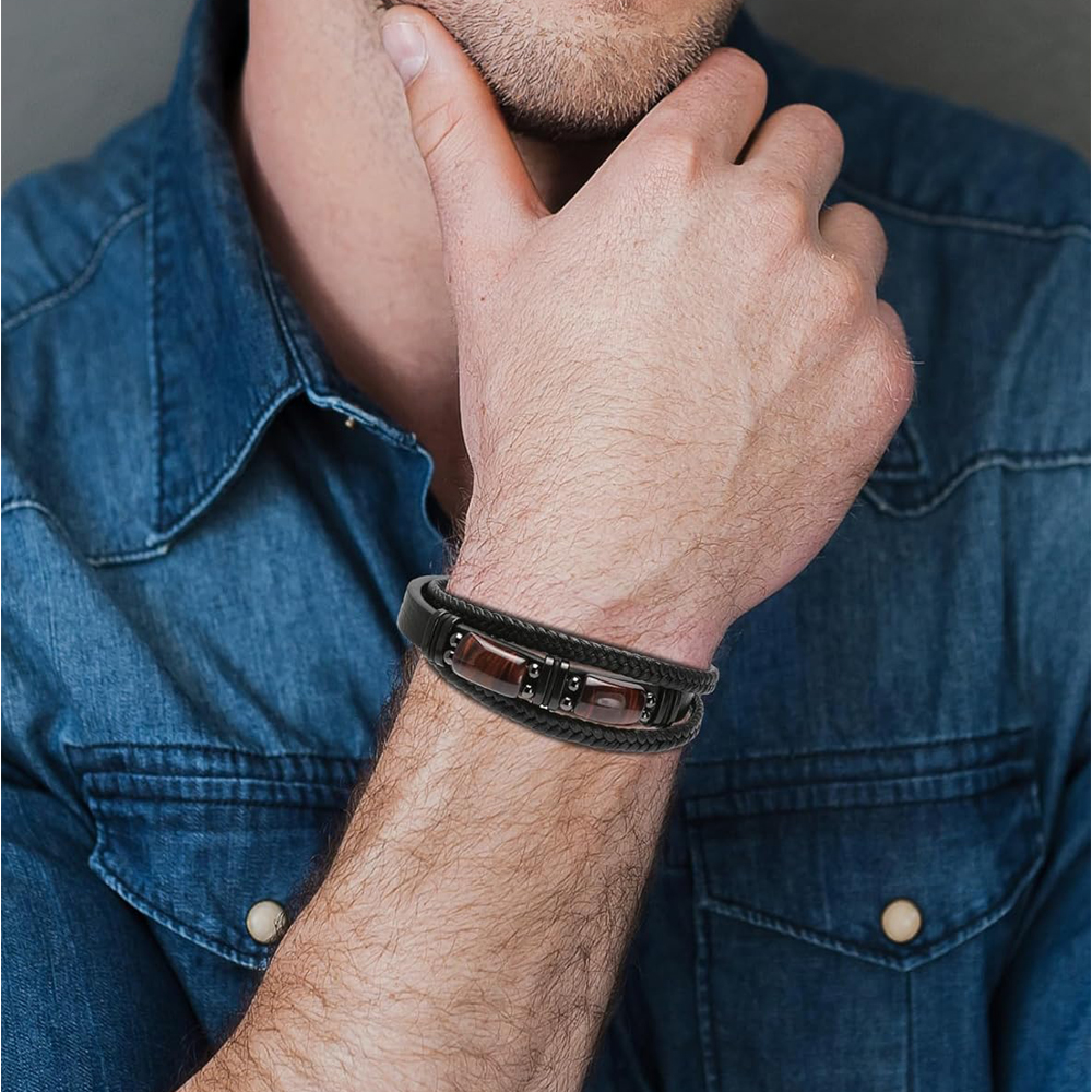 Natural Tiger Eye Stone Bracelet Healing Tiger Eye Quartz Leather Braided Gift - Image 8