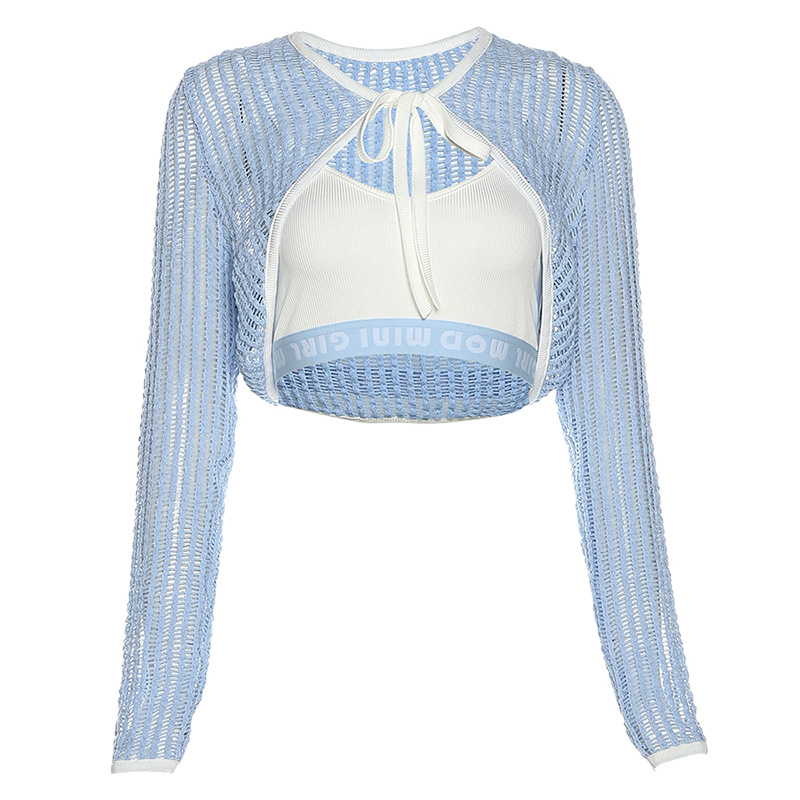 New Women's Solid Color Slim Fit Suspender Tank Top Long Sleeve Coat Women Blue - Shop at LoveMi