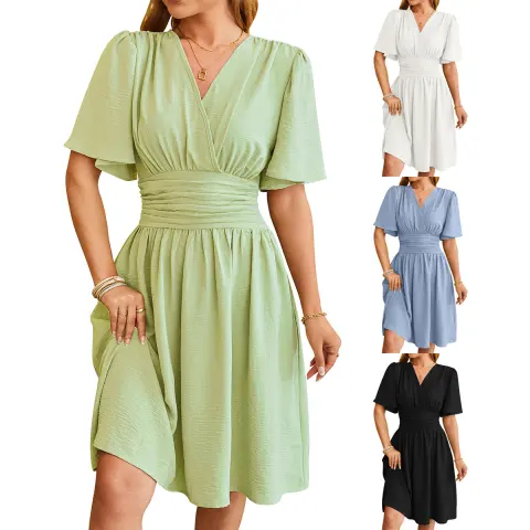 V-neck Short-sleeved Dress Fashion Bell-sleeved Summer Womens Clothing