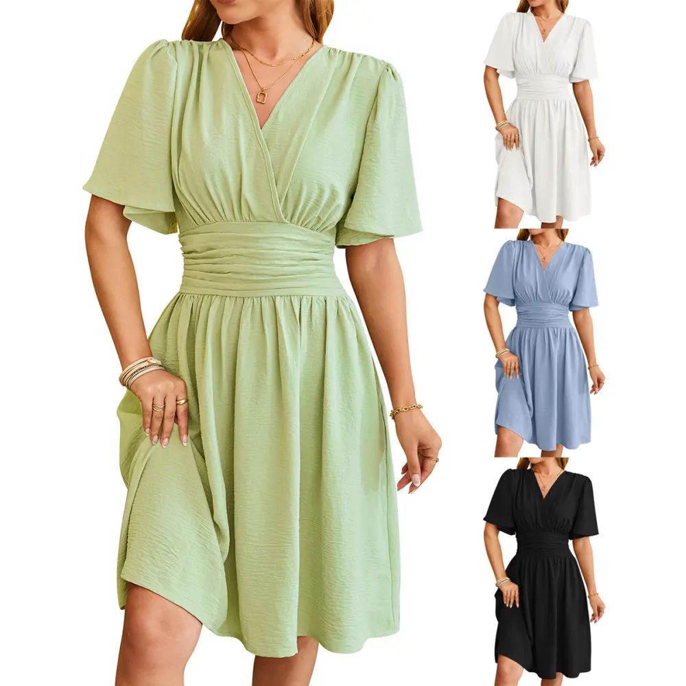 V-neck Short-sleeved Dress Fashion Bell-sleeved Summer Womens Clothing