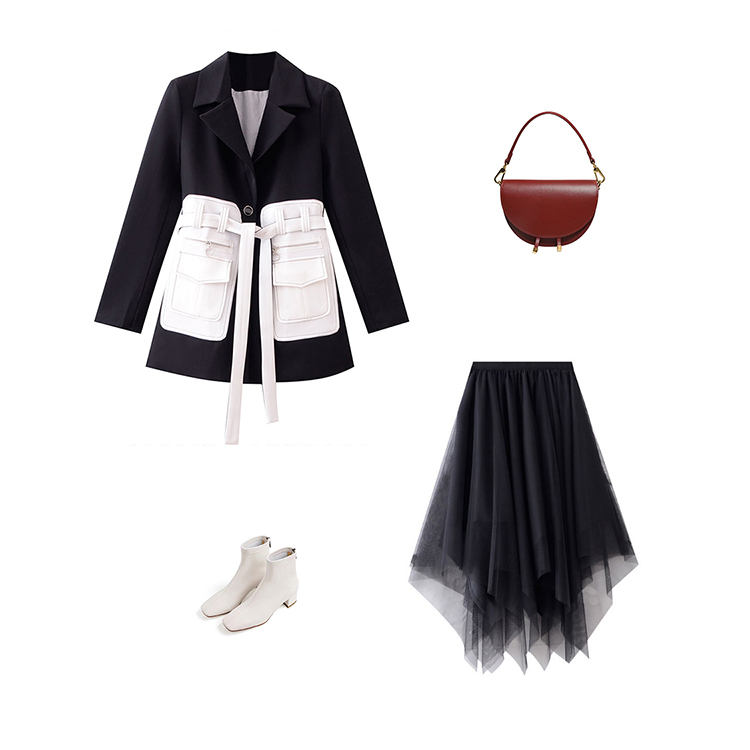 Small Design Sense Black Suit Jacket Female Thin Temperament Waist Tie Small Suit