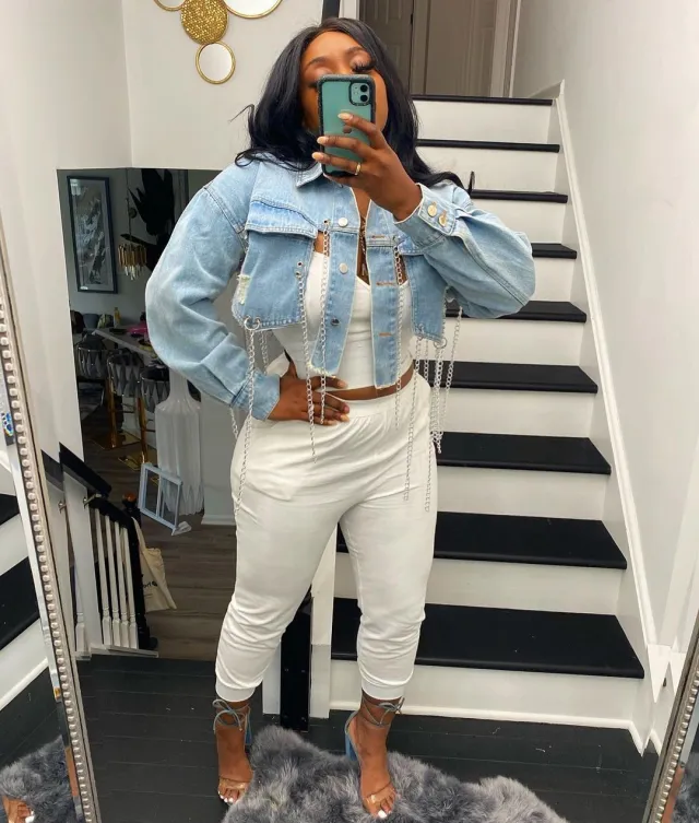 Short Frayed Denim Jacket Women Chain Fashion Style Blue - Shop at LoveMi