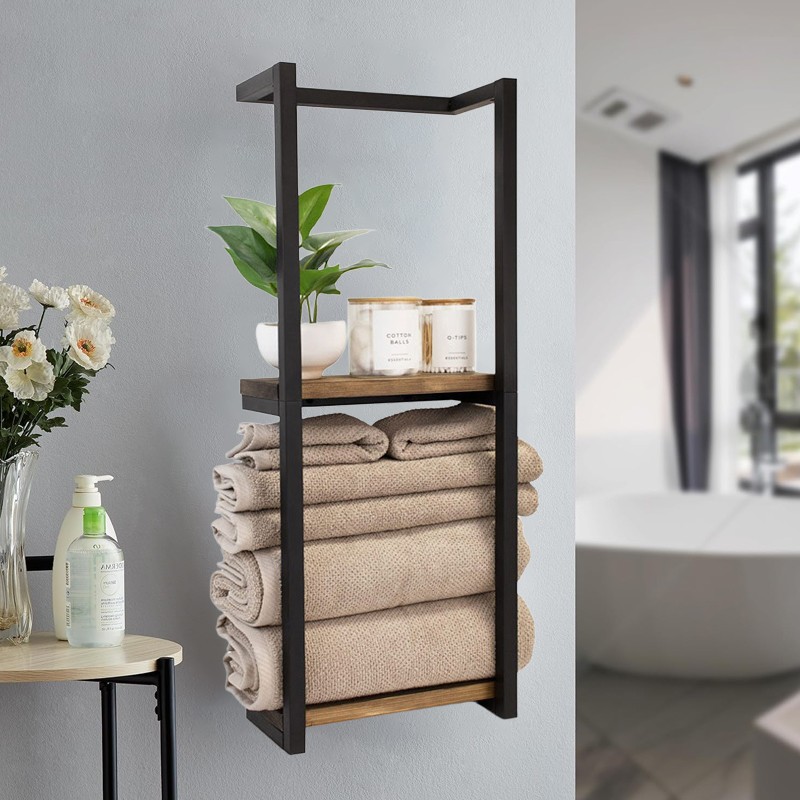 Wall Mounted Towel Rack Metal Storage Shelf Holder Rail-Bathroom Organizer Black — image 9